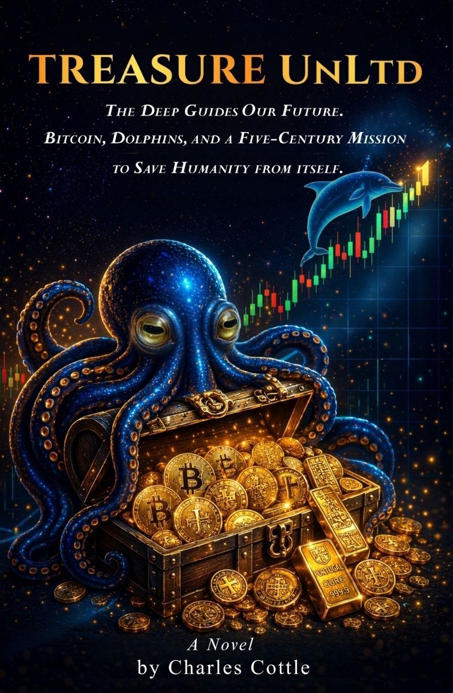 Treasure UnLtd book cover — an octopus guarding a treasure chest of gold and Bitcoin beneath a rising market chart, with a dolphin above